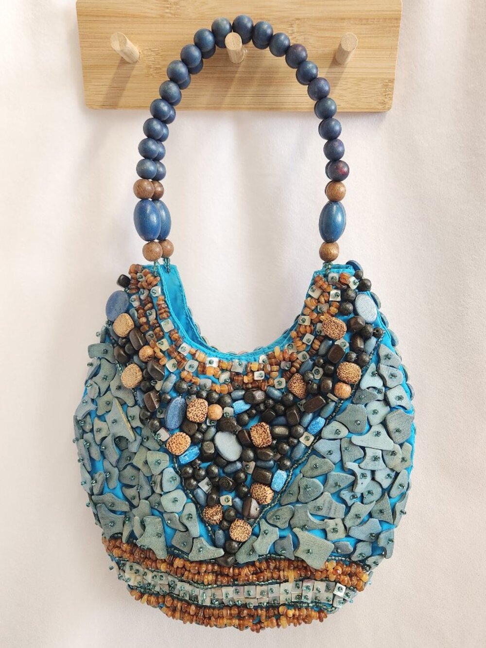 Cebu Signature Collection Beaded Art Purse Turquoise Brown Wooden Beaded Style S